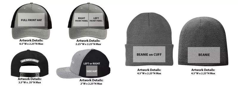 Headwear front, side, and back decoration placements