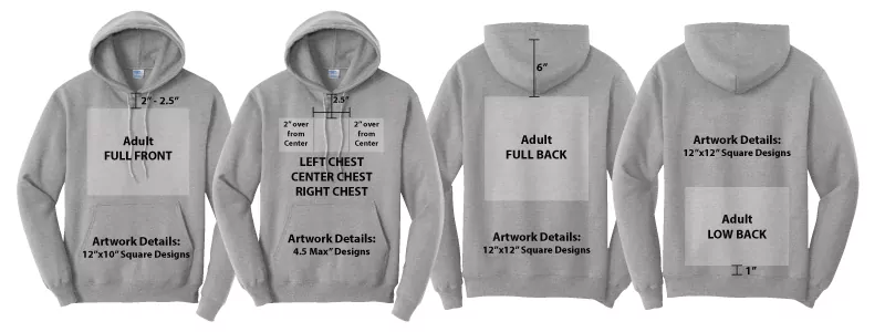 Hoodie front, back, and sleeve decoration placements