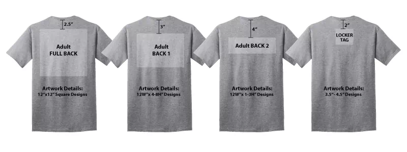 Adult shirt back decoration placements and maximum artwork sizes