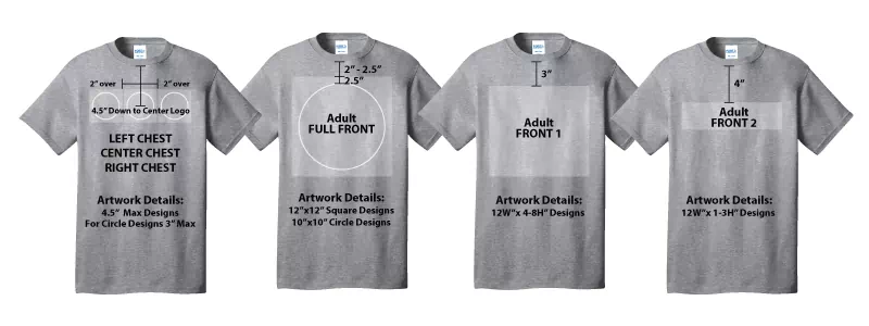 Adult shirt front decoration placements and maximum artwork sizes